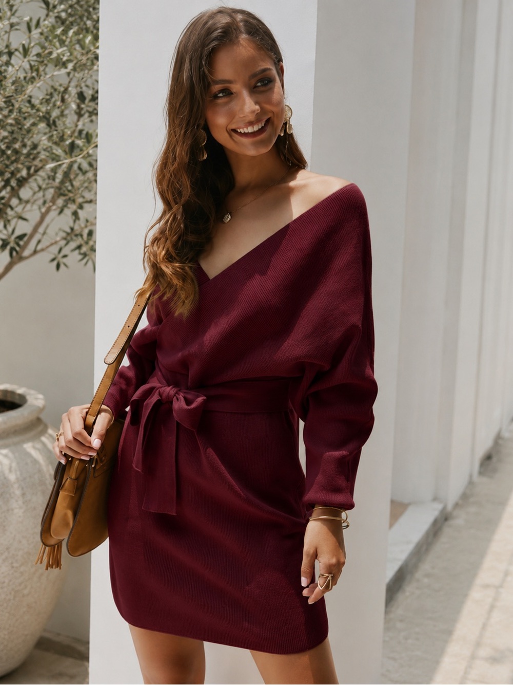 Off-Shoulder Belted Knit Dress in Burgundy